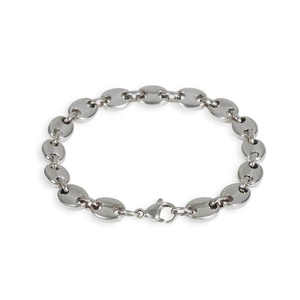Close-up of polished silver coffee bean chain necklace with secure lobster clasp
