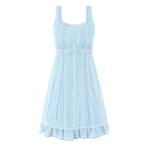 French style blue and white plaid sleeveless dress with white lace trim and ruffles