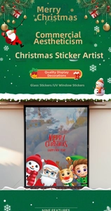 Close-up of Merry Christmas window stickers with Santa Claus and reindeer UV prints