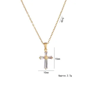 Gold cross necklace with rectangular zircon stone, 40+5cm thin chain for women
