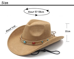 Detail view of suede western cowboy hat with sizing dimensions and turquoise bead band