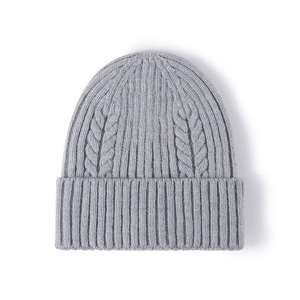 Chic grey cable knit beanie hat for women featuring a warm ribbed cuff and minimalist design