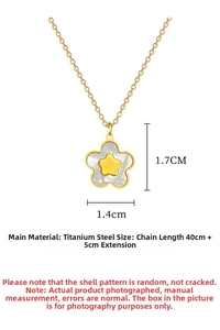 Detailed view of titanium steel necklace with a 1.7cm mother of pearl flower pendant