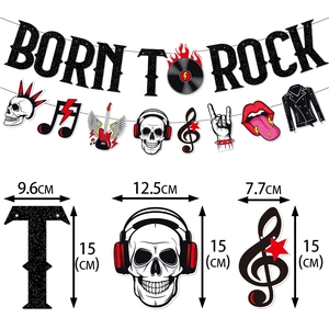 Born to Rock party banner with black glitter skull, guitar, and note elements with sizes
