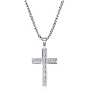 Polished silver stainless steel cross necklace with cubic zirconia stones on white background