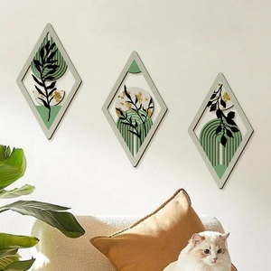 Set of 3 bohemian wood diamond wall art with green botanical prints and geometric patterns