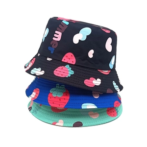 Kids strawberry pattern bucket hats in black, royal blue and mint green colors