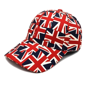 Detail of British Union Jack flag baseball cap with precise stitching and red top button