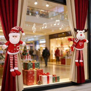 Christmas curtain tiebacks featuring 3D Santa and Reindeer plush figures for holiday decor