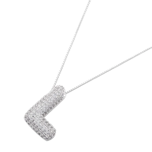 Detailed close-up of 3D balloon Letter L pendant with cubic zirconia on silver chain