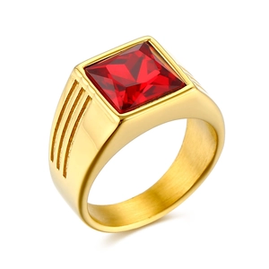 Men's gold titanium steel ring featuring a square red gemstone in a minimalist design