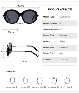 Detailed technical drawing of round frame sunglasses showing PC frame and HD lens dimensions