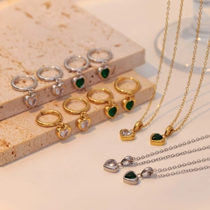 Heart Pendant Necklace And Hoop Earrings Stainless Steel Vintage Zircon Elegant Emerald Green Jewelry For Women