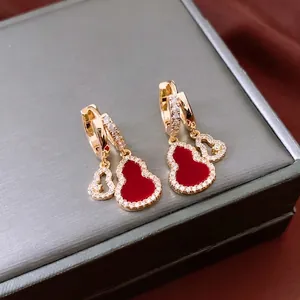 14K gold plated red gourd hoop earrings with pave crystals and hollow zircon charms