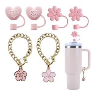 Pink heart and flower silicone straw covers with gold flower pendant chain for tumblers