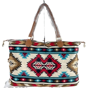 Ethnic geometric weekend bag with bohemian canvas print and brown faux leather handles