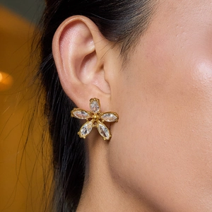Boucles d'oreilles fleurs en acier inoxydable plaqué or 18K avec zircons marquises