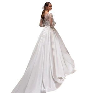 Elegant white satin wedding dress with lace embroidery long sleeves and long train