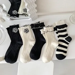 Women Lolita Socks Mid Calf Cotton Camellia Flower Ruffled Trim Ribbed Striped Sweet Style For Girls