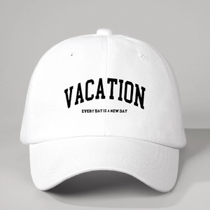 White cotton baseball cap with black VACATION printed text design for outdoor sun protection