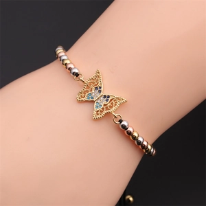 Three-tone beaded butterfly bracelet with zircon inlay on adjustable gold-plated chain