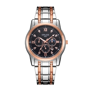 Men's waterproof quartz watch with rose gold stainless steel strap and three-eye dial