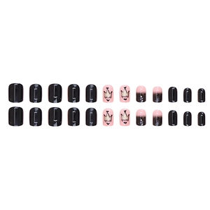 Short black and pink gradient press-on nails with glitter and crown heart design