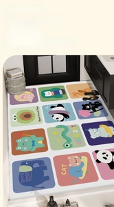 Detail of cartoon bathroom mat with non-slip rubber backing and water absorption