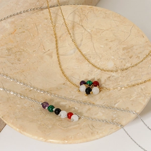 Double-layer stainless steel necklace with multi-color natural stone beads in gold and silver