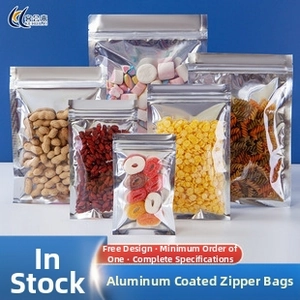 Detail of silver aluminum foil ziplock bags showing transparent front and food contents