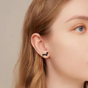 Cute black dachshund s925 silver stud earrings for women with sleek enamel finish