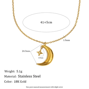 18K gold plated stainless steel moon and star pendant necklace on a simple O-chain
