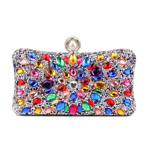 Rainbow rhinestone evening clutch bag with pearl clasp and silver metal frame base