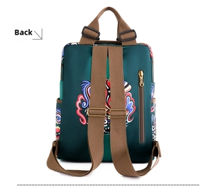Detail of green backpack back with traditional print and secure zipper pocket