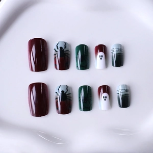 Halloween press-on nails set with spider, ghost designs and dark red cat eye finish