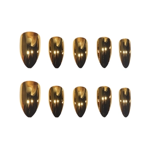 Short oval press-on nails set with metallic mirror gold plating finish on white background