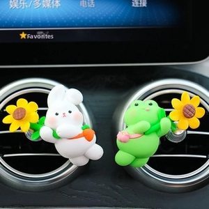 Cute cartoon rabbit and frog car air vent clips with flower decor and scent stones