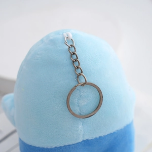 Blue plush shark keychain with silver metal ring and chain for bags and keys