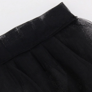 Detailed macro view of black tulle mesh fabric and stitching for bridal accessories