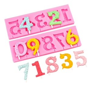 Detailed pink silicone mold for 0-9 number lollipops and colorful finished toppers