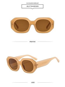 Detailed front and side views of jelly tea polygon sunglasses with brown lenses and CE mark