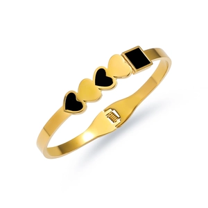 Polished gold stainless steel bangle with black enamel heart accents and square charm
