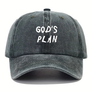 Close-up of the washed cotton fabric texture and God's Plan embroidery on this grey baseball cap
