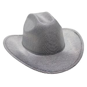 Detail of silver-grey striped texture and woven metallic fabric on a stylish cowboy hat