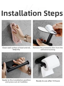 Detail showing 4-step drill-free installation of matte black bathroom paper holder