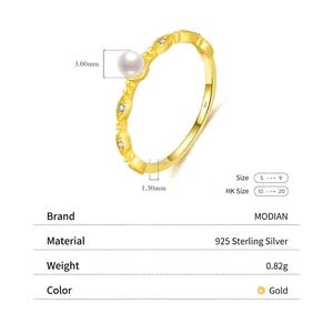 Elegant 925 sterling silver gold ring with 3mm pearl and diamond accents for women