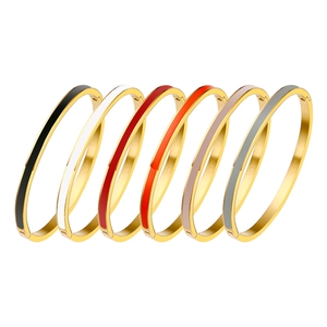 Narrow gold-plated stainless steel bangle bracelets in six vibrant enamel colors