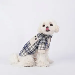 Classic plaid dog shirt with navy and beige color-block collar for small pets