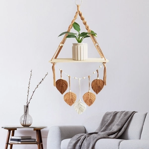 Étagère murale bohème en bois avec macramé de feuilles et pot de fleurs en céramique blanche