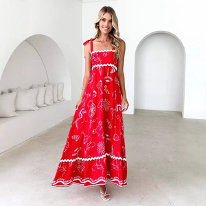 Elegant red floral A-line maxi dress with Ciao print and wave trim spaghetti straps